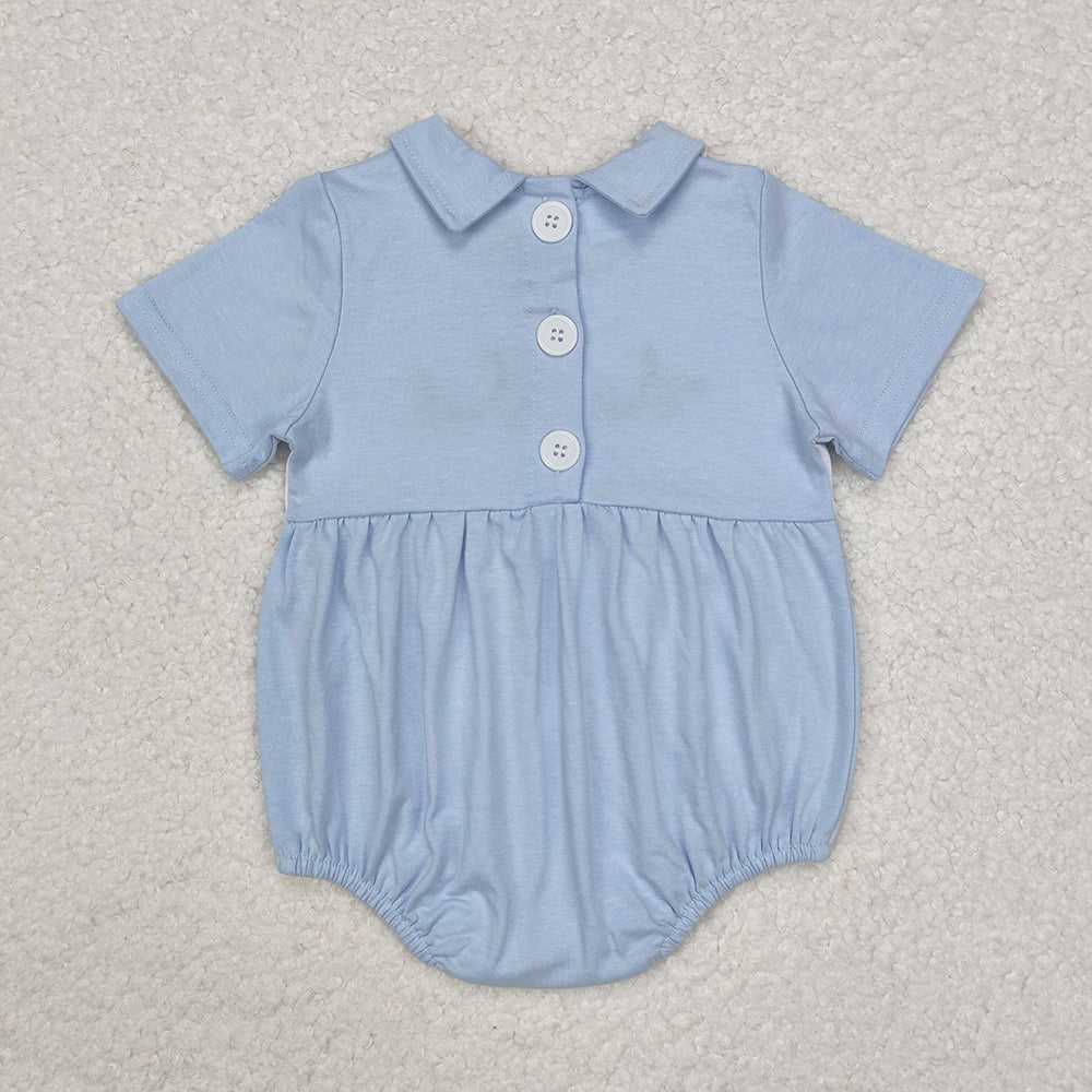 SR2071  baby boy blue Embroidered mallard ducks Short Sleeve rompers