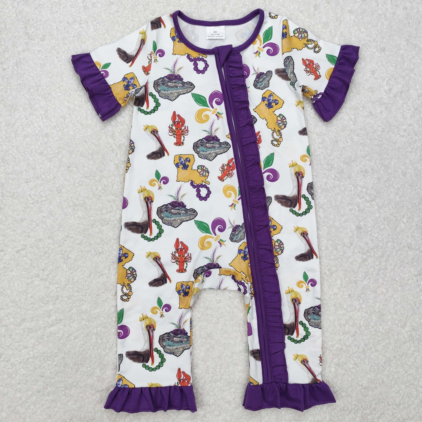 Sibling Baby Boys Girls Short Sleeves Mardigras Zipper Footie Rompers