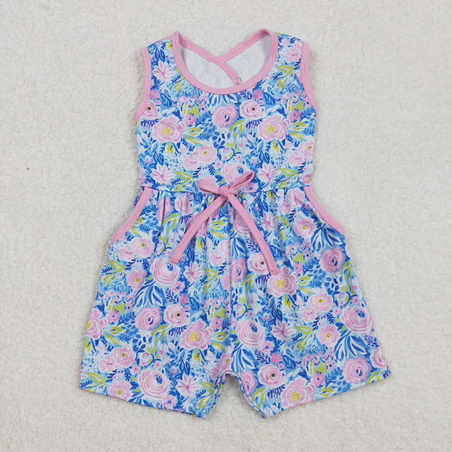 Sibling Baby Girls Sleeveless Flowers Bows Pockets Shorts Jumpsuits