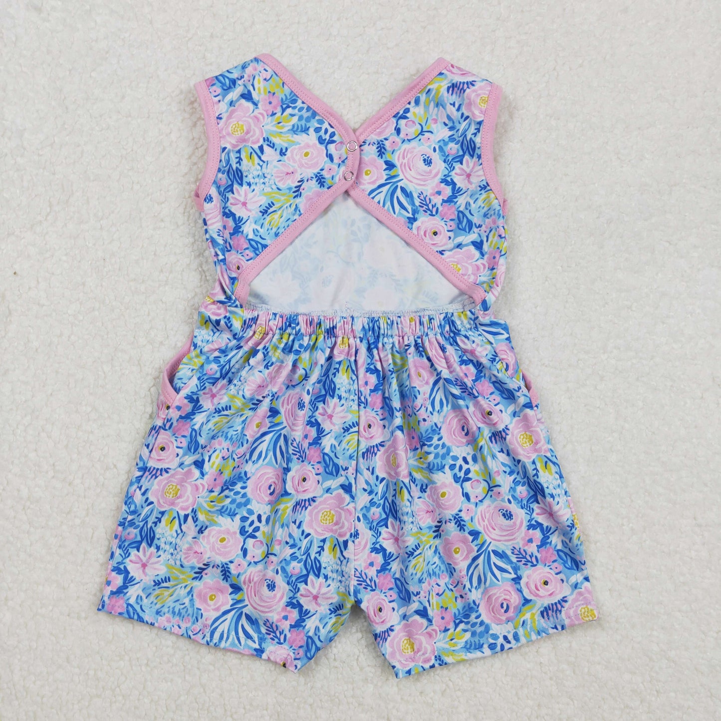 Sibling Baby Girls Sleeveless Flowers Bows Pockets Shorts Jumpsuits