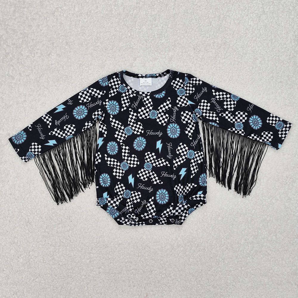 LR2552 baby girls cow bows turquoise fringe long sleeve rompers