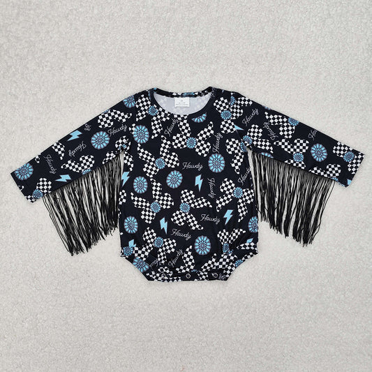LR2552 baby girls cow bows turquoise fringe long sleeve rompers