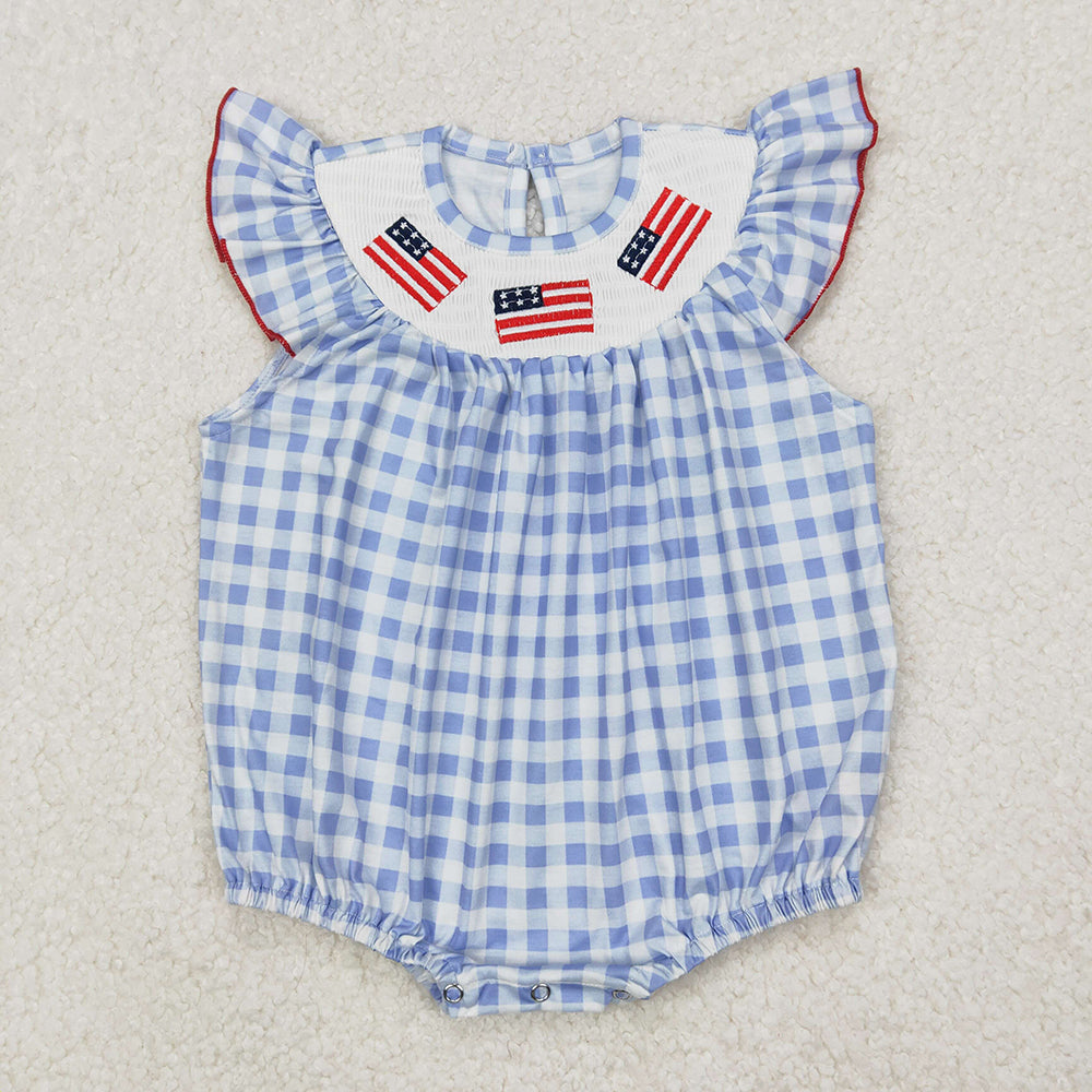 SR2571 Smocked Baby girls blue checkered flags 4th of july rompers