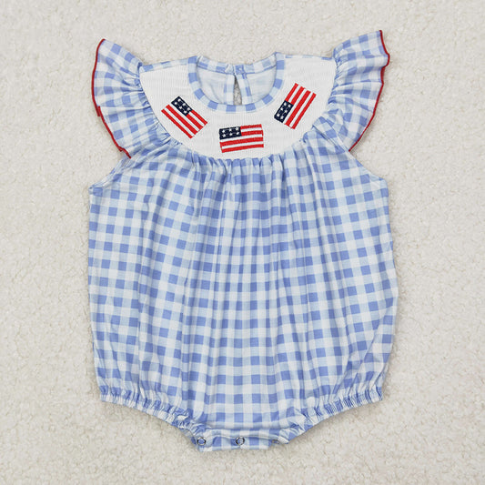 SR2571 Smocked Baby girls blue checkered flags 4th of july rompers