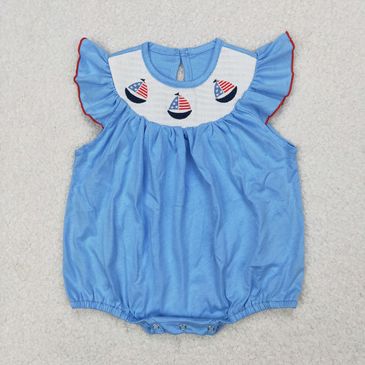 SR2573 Smocked Baby girls blue sailboats 4th of july rompers