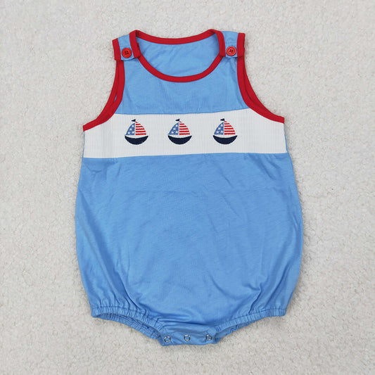 SR2574 Smocked Baby boys blue sailboats 4th of july rompers