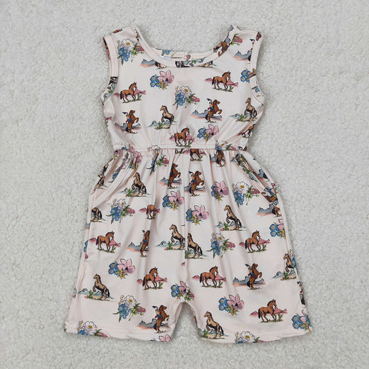 SR2695 baby girls horse rodeo western floral pockets summer jumpsuits