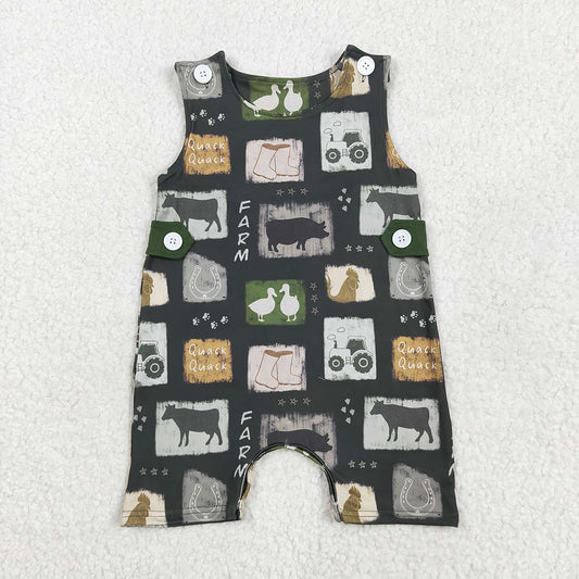 SR2874 baby boys Green Farm Cows Sleeveless rompers