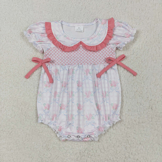 SR2917 baby girls pink bows flowers embroidery short sleeve rompers