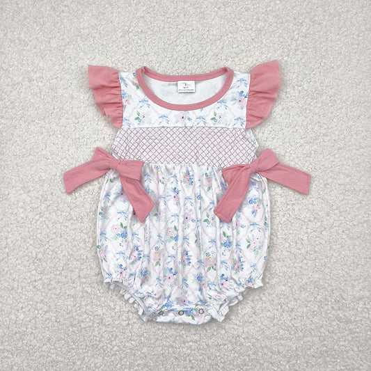 SR2923 baby girls pink big bows flowers embroidery flutter sleeve rompers