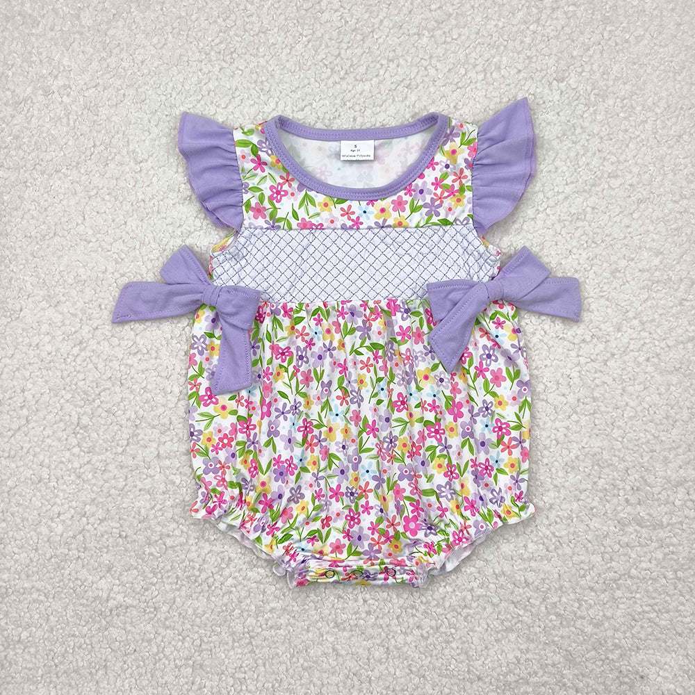 SR2928 baby girls purple flowers embroidery flutter sleeve rompers