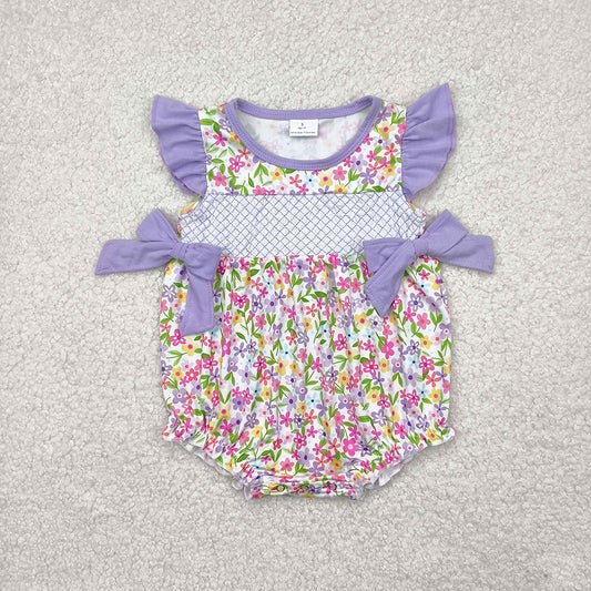 SR2928 baby girls purple flowers embroidery flutter sleeve rompers