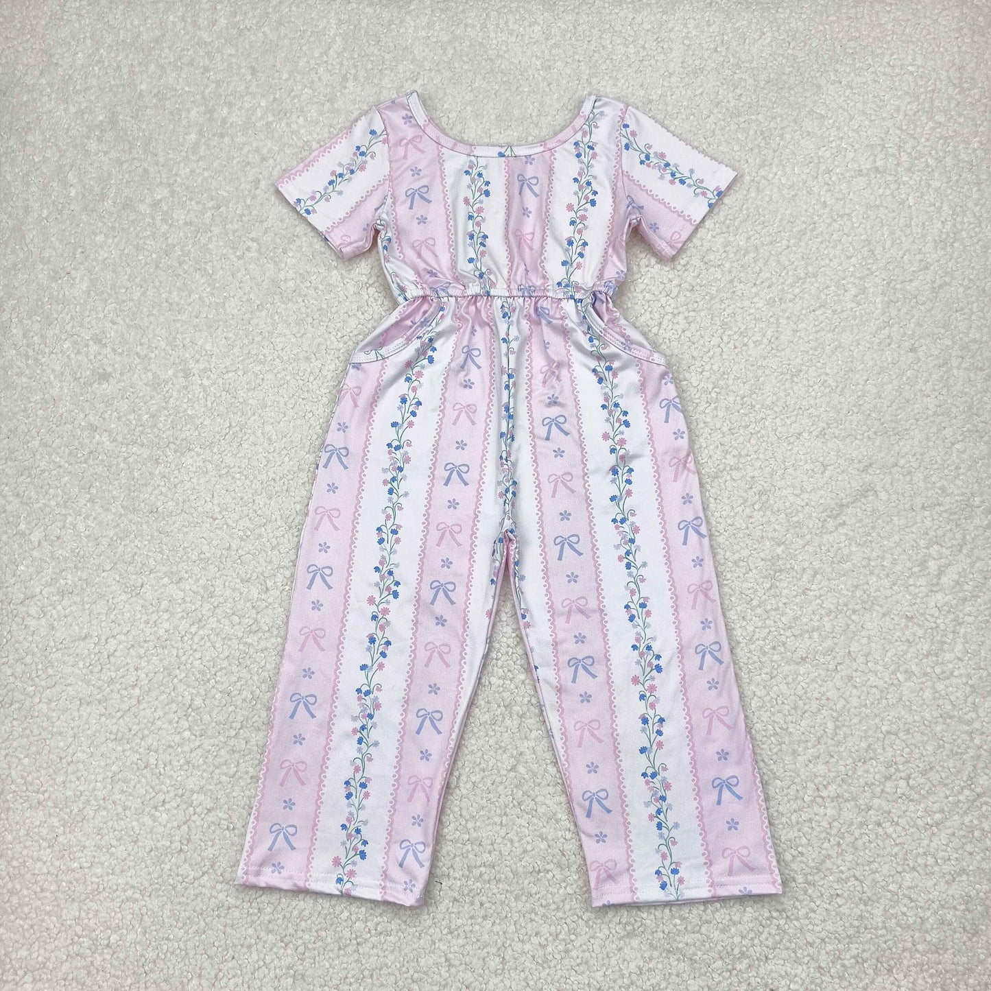Sibling Baby Girls Short Sleeve Flowers Bows Pockets Pants Jumpsuits