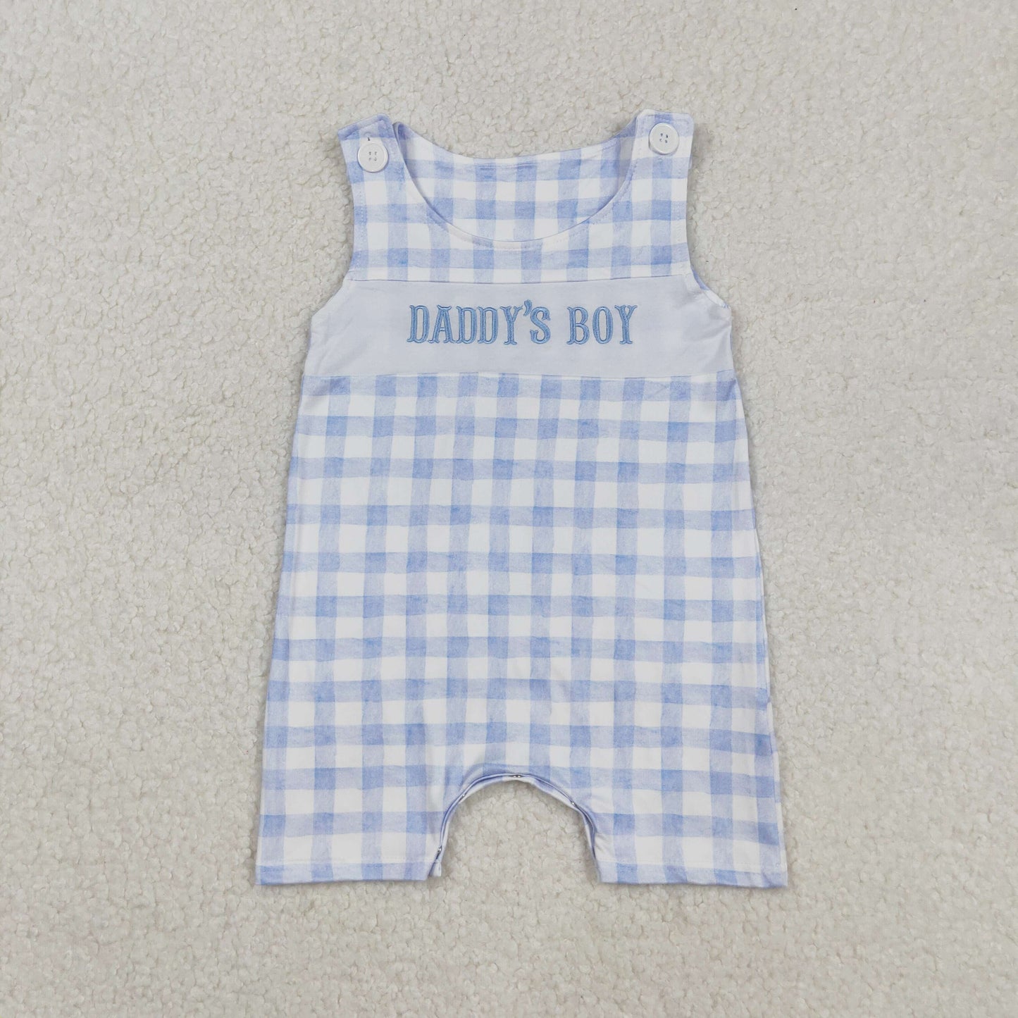SR2945 Baby Boys Sleeveless Blue Checked Embroidery Daddy's Boy Shorts Rompers