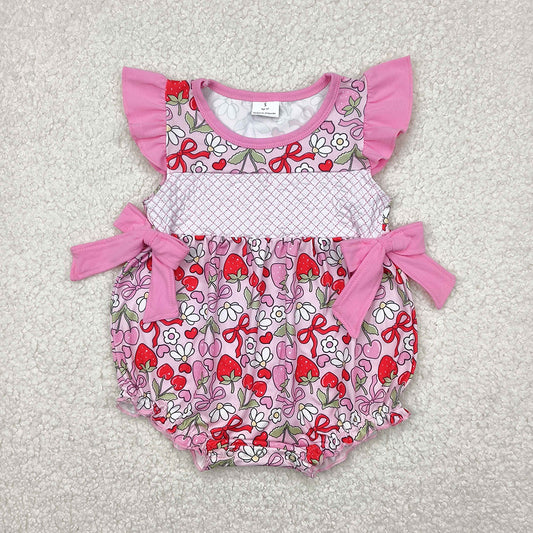 SR2953 baby girls strawberry embroidery flutter sleeve rompers