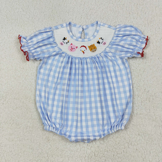 SR2981 Smocked Baby girls blue farm animals rompers