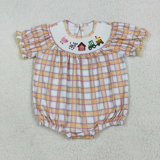 SR2982 Smocked Baby girls khaki farm animals rompers
