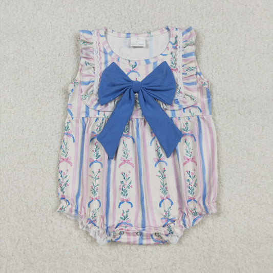 SR3045 Baby Girls Sleeveless Flowers Bows Stripe Ruffle Rompers