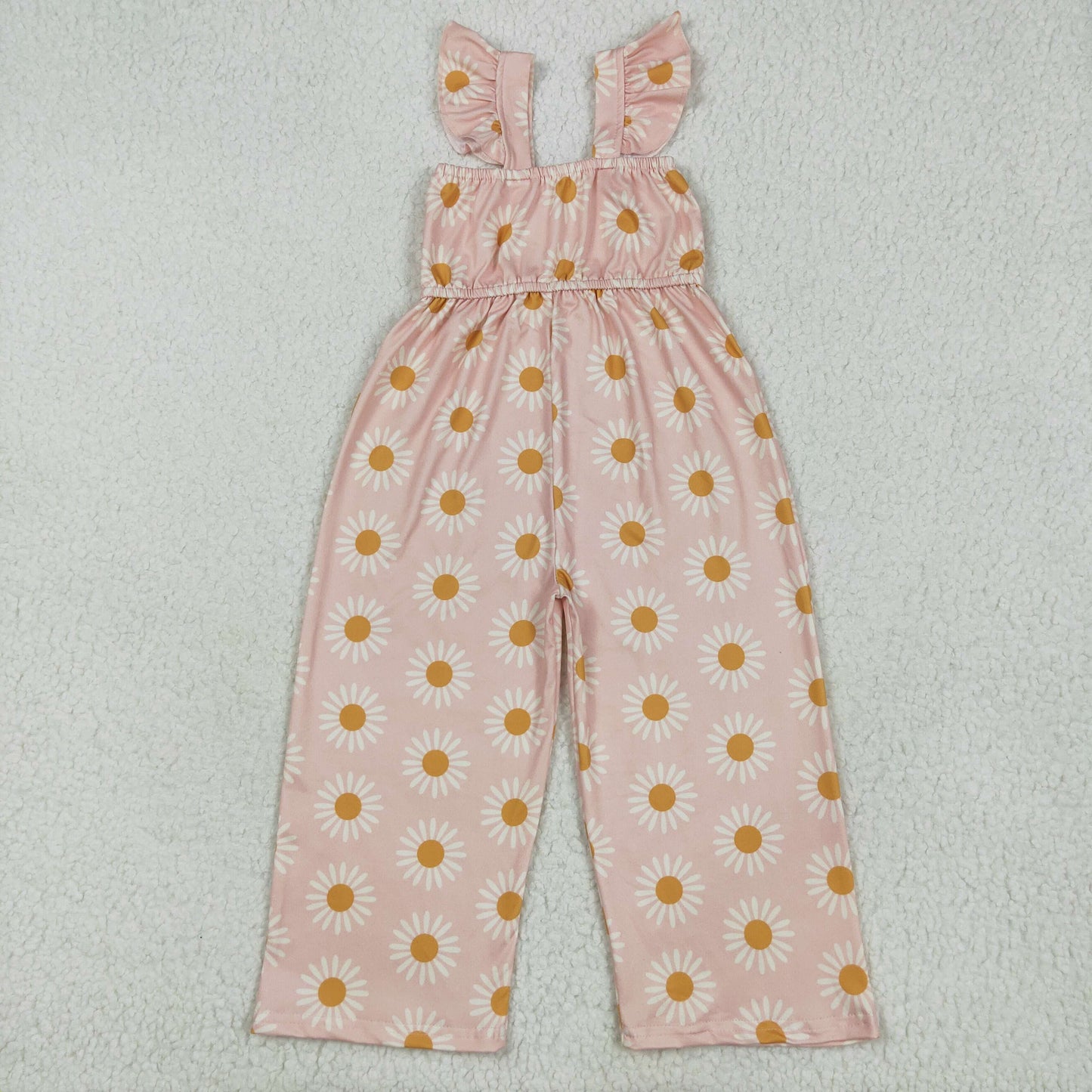 Sibling Baby Girls Flutter Sleeves Peach Daisy Flowers Leopard Bell Jumpsuits