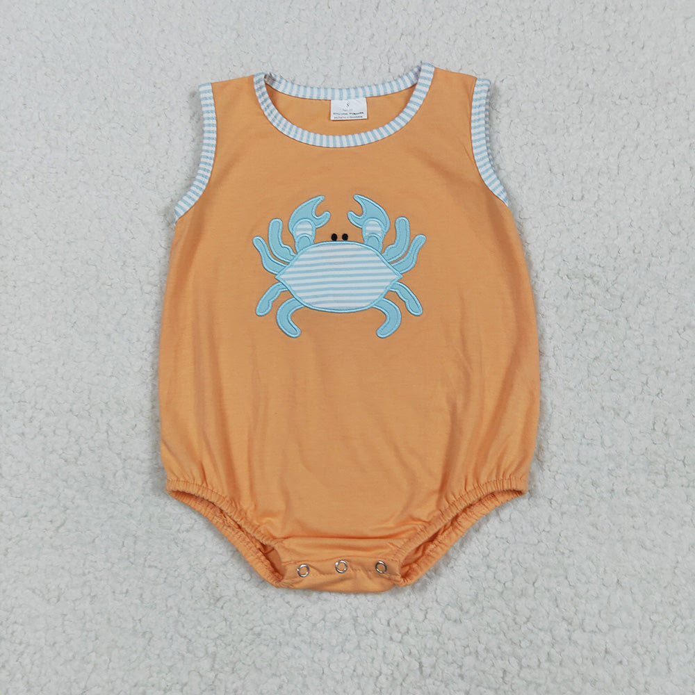 Sibling Embroidery Baby Girls Orange Crab Rompers Outfits Sets