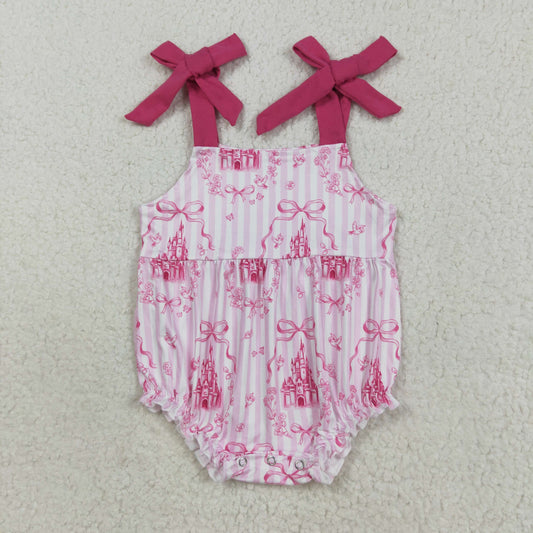 SR3077 Baby Girls Pink Strap Stripe Bows Castles Ruffle Rompers