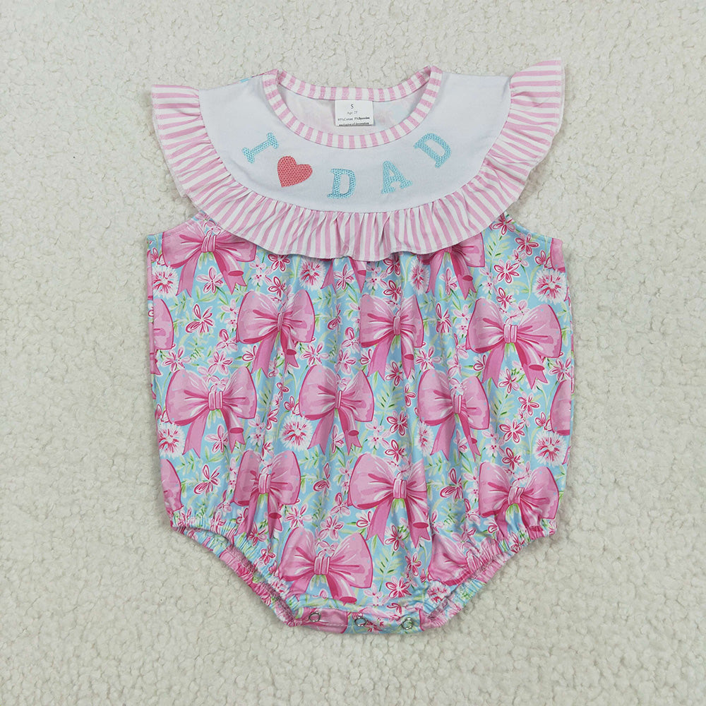 Sibling Embroidery Baby Girls Pink I Love Dad Floral Bows Rompers Dresses