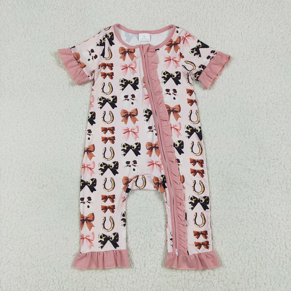 Sibling Baby Girls Pink Western Bows Horse Shoes Rompers Pajamas