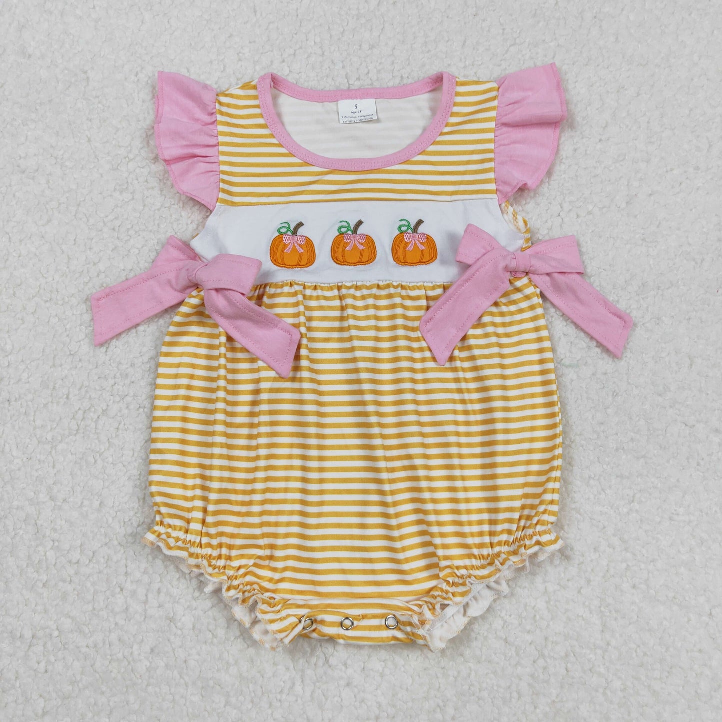 SR3125 Baby Girls Pink Flutter Sleeve Stripe Embroidery Pumpkins Bows Fall Ruffle Rompers