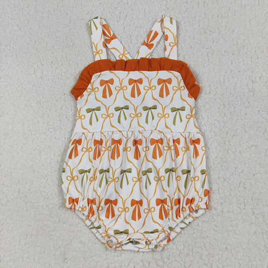 SR3148baby girls orange green bows straps rompers