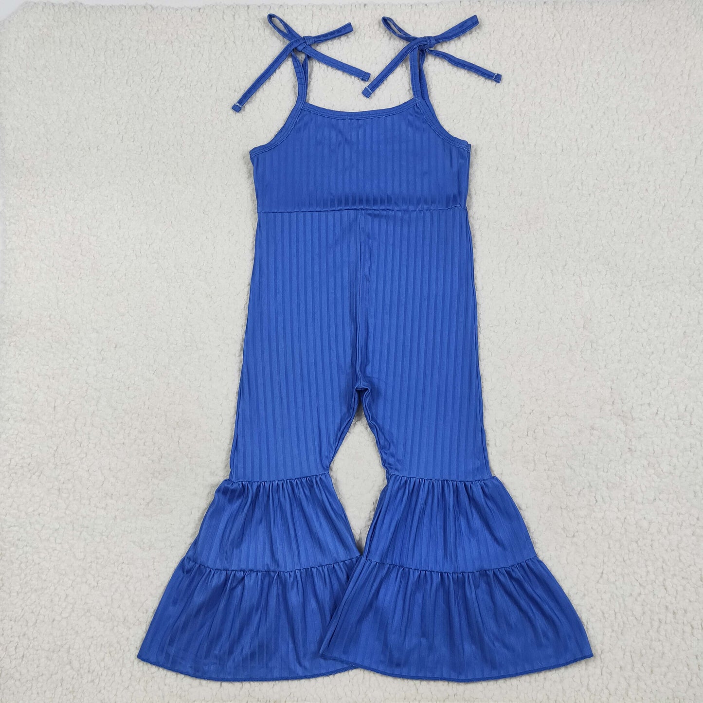 SR3158 Baby Girls Hot Blue Strap Bell Bottom Ribbed Jumpsuits