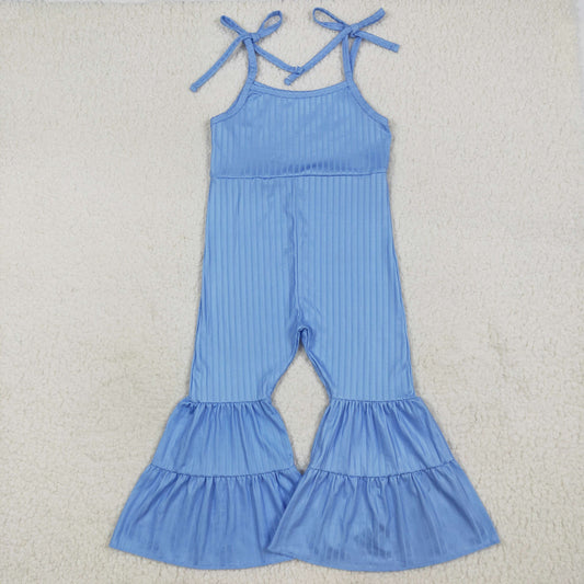 SR3159 Baby Girls Blue Strap Bell Bottom Ribbed Jumpsuits