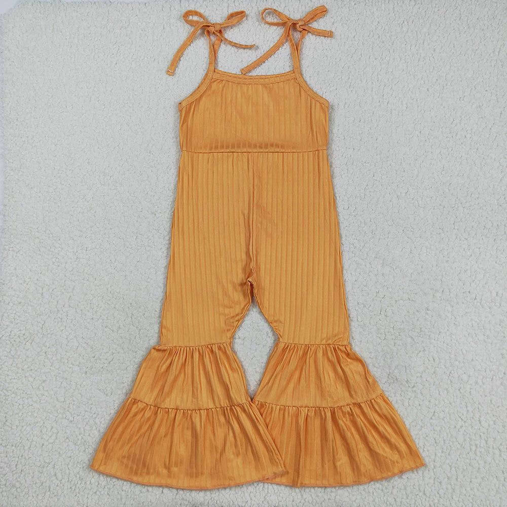 SR3162 Baby Girls Orange Strap Bell Bottom Ribbed Jumpsuits