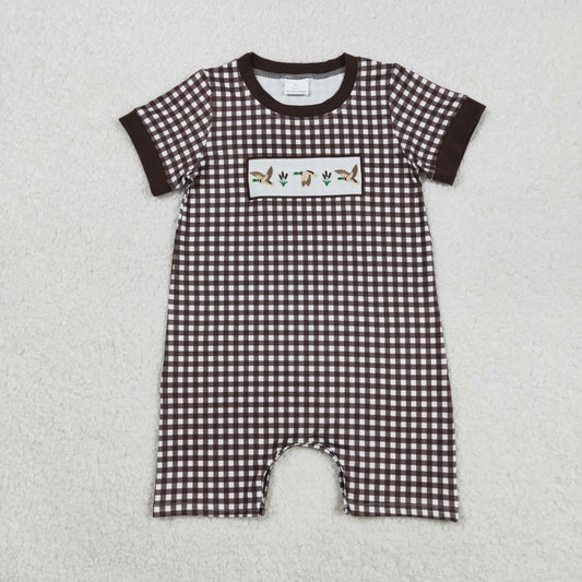 SR3164 Baby Boys Short Sleeve Brown Checked Embroidery Ducks Shorts Rompers