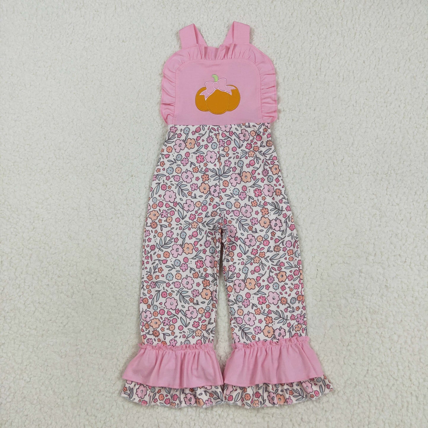 SR3176 Baby Girls Pink Strap Embroidery Bow Pumpkins Floral Ruffle Pant Fall Jumpsuits