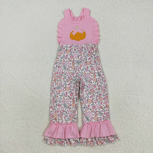 SR3176 Baby Girls Pink Strap Embroidery Bow Pumpkins Floral Ruffle Pant Fall Jumpsuits