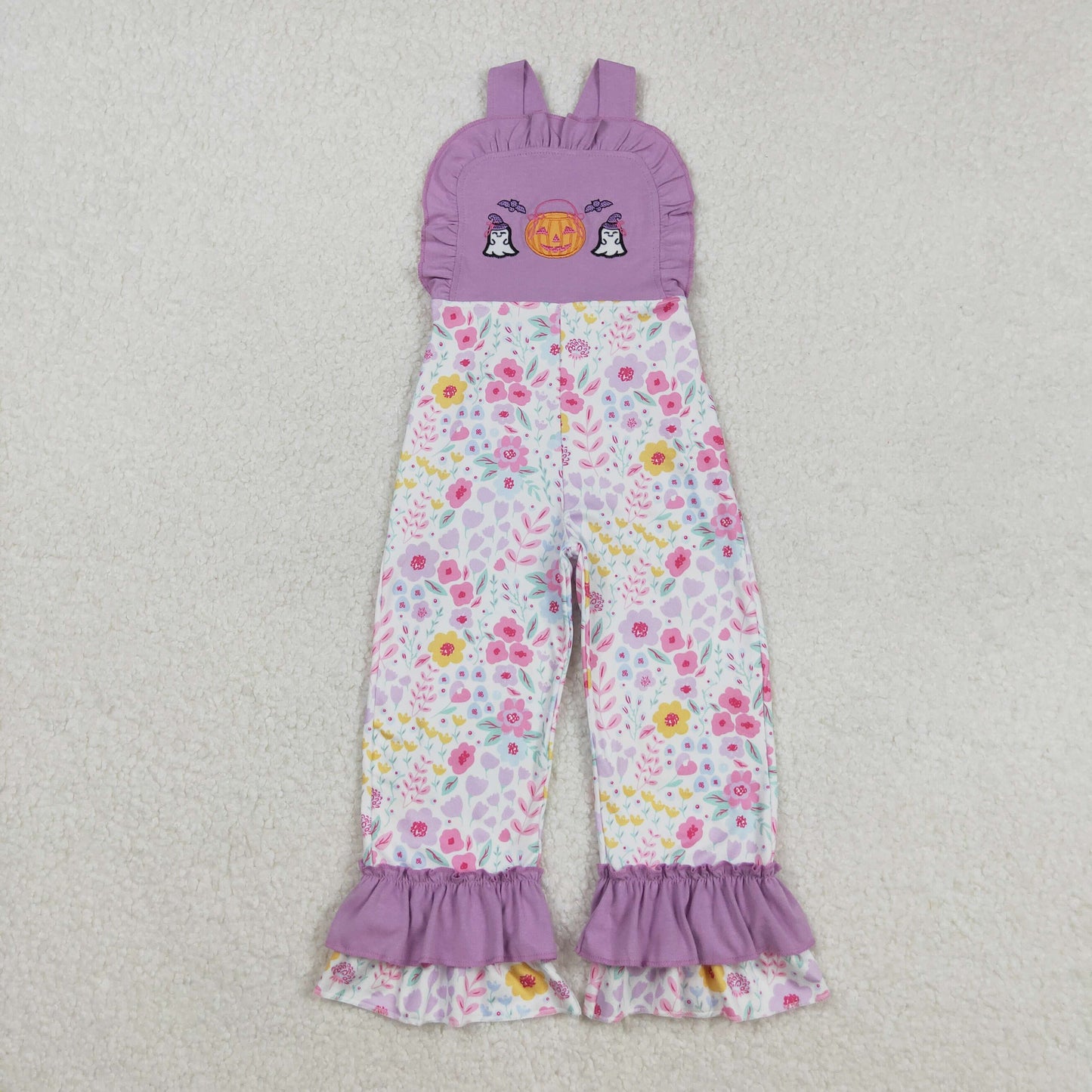SR3177 Baby Girls Purple Strap Embroidery Ghost Pumpkins Floral Ruffle Pant Halloween Jumpsuits