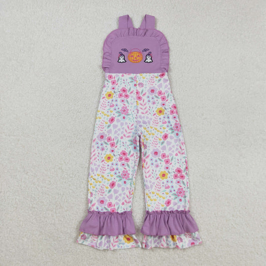 SR3177 Baby Girls Purple Strap Embroidery Ghost Pumpkins Floral Ruffle Pant Halloween Jumpsuits