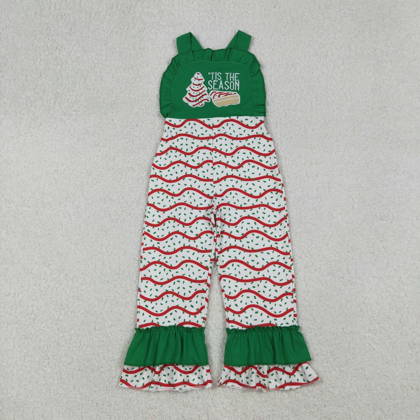 SR3178 Baby Girls Green Strap Embroidery Stripe Trees Ruffle Pant Christmas Jumpsuits