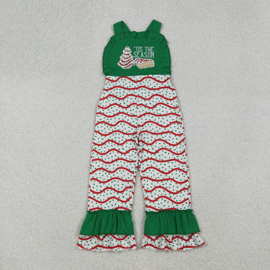 SR3178 Baby Girls Green Strap Embroidery Stripe Trees Ruffle Pant Christmas Jumpsuits