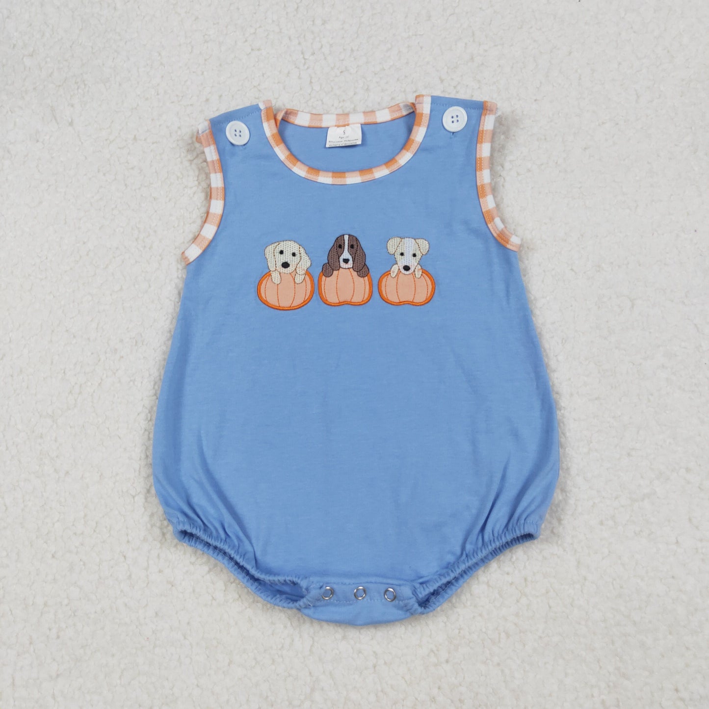 SR3190 Baby Boys Sleeveless Embroidery Dogs Pumpkins Fall Rompers