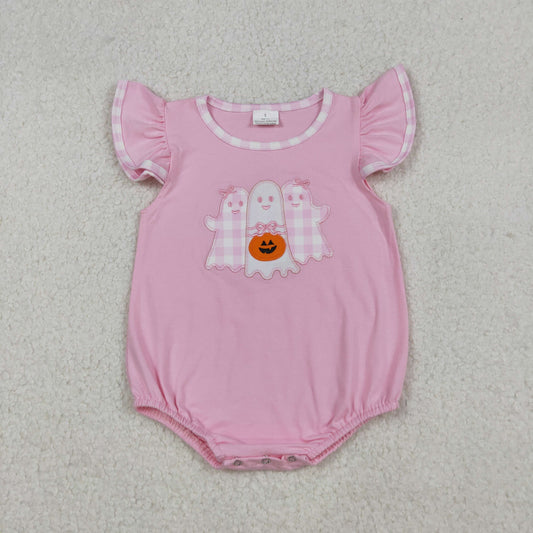 SR3196 Baby Girls Pink Flutter Sleeve Embroidery Ghost Pumpkins Halloween Ruffle Rompers