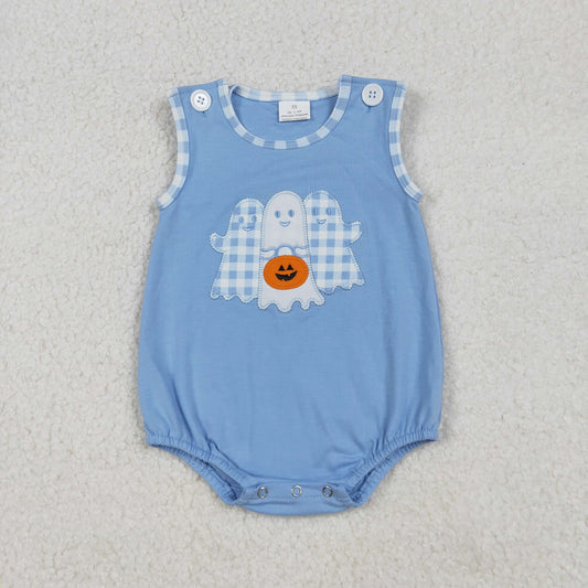 SR3197 Baby Boys Blue Sleeveless Embroidery Ghost Pumpkins Halloween Rompers