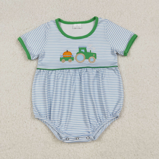 SR3201 Baby Boys Green Stripe Embroidery Truck Pumpkins Fall Rompers