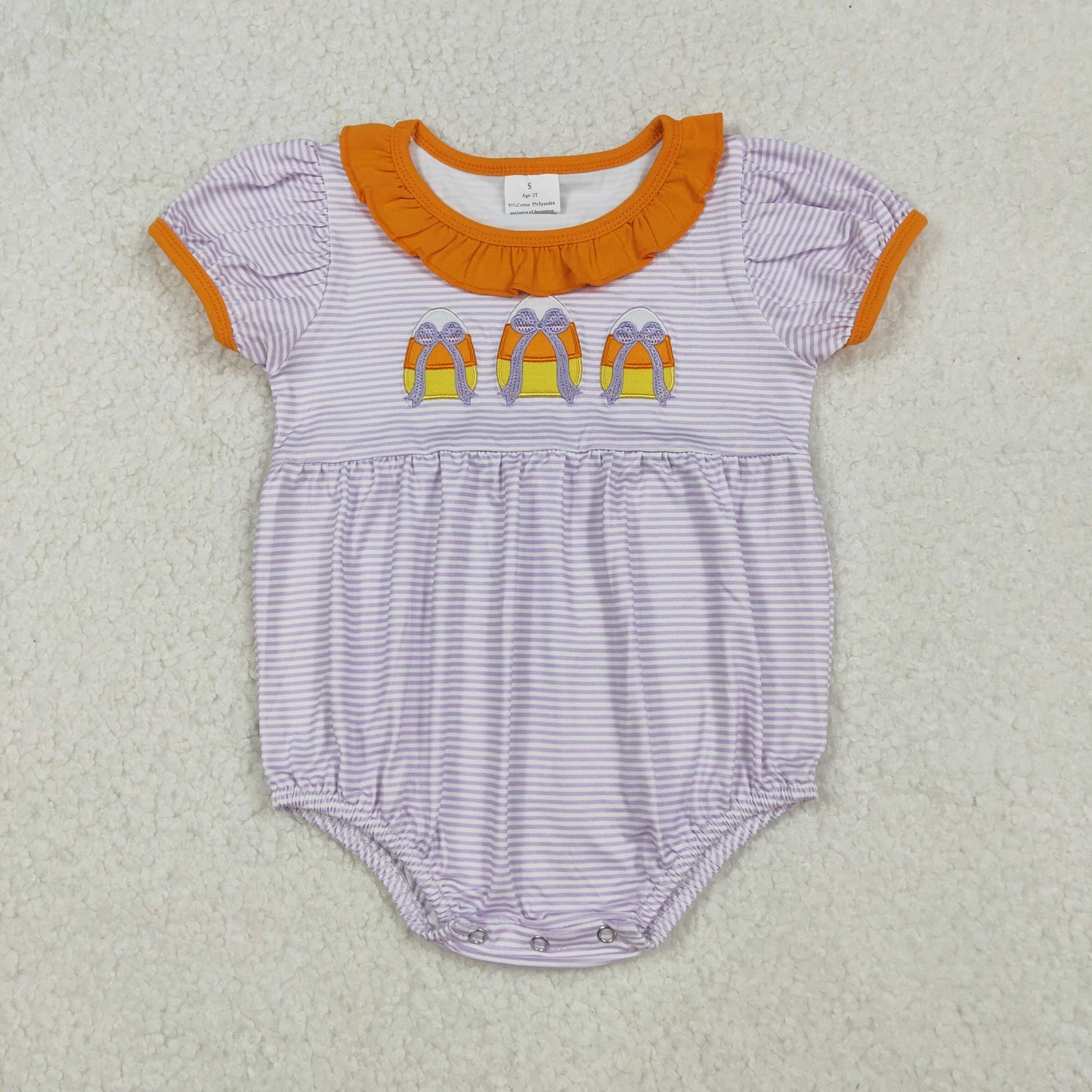 SR3202 Baby Girls Stripe Embroidery Bows Candy Halloween Ruffle Collar Rompers
