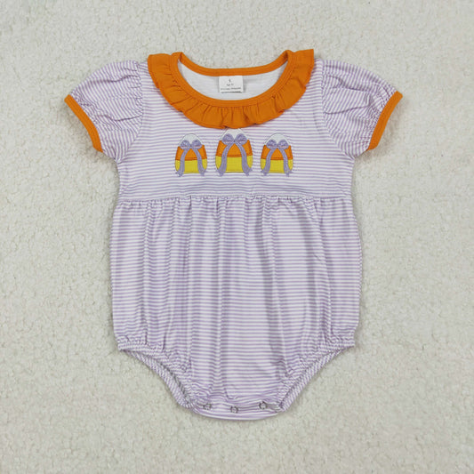 SR3202 Baby Girls Stripe Embroidery Bows Candy Halloween Ruffle Collar Rompers