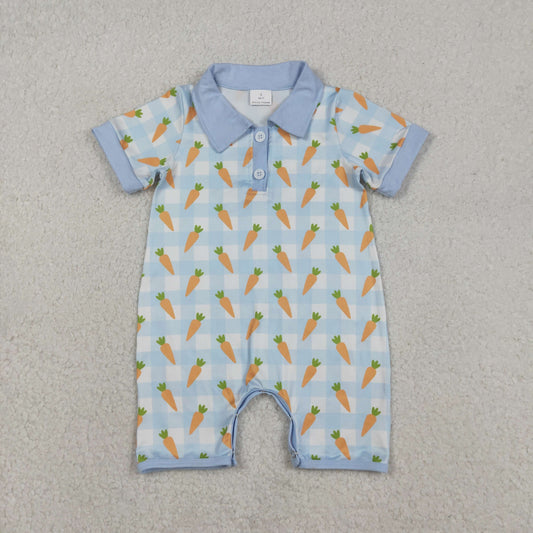 SR3254 Baby Boys Blue Checked Carrots Easter Button Rompers