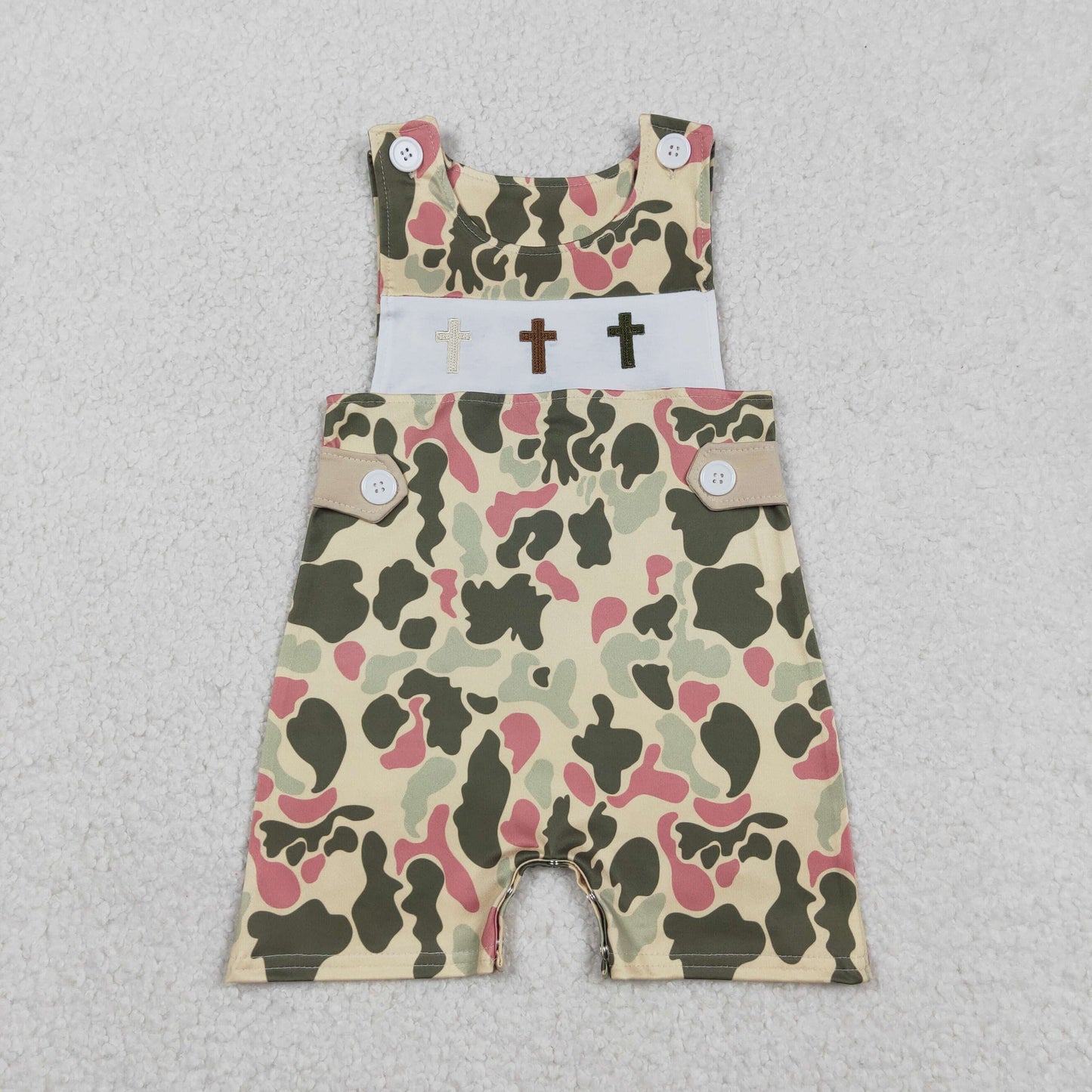 SR3290 Baby Boys Sleeveless Embroidery Crosses Green Camo Easter Short Rompers