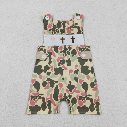 SR3290 Baby Boys Sleeveless Embroidery Crosses Green Camo Easter Short Rompers