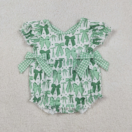 SR3305 Baby Boys Green Bows Clovers St Patrick Ruffle Rompers