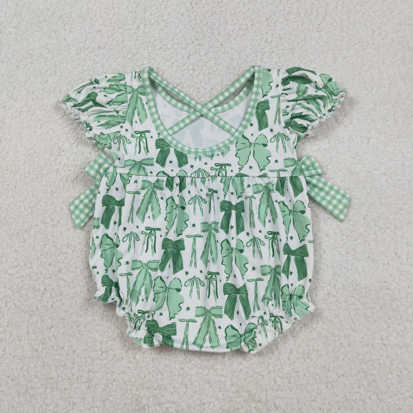 SR3305 Baby Boys Green Bows Clovers St Patrick Ruffle Rompers